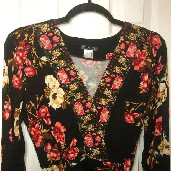 Venus floral printed peasant dress bohemian black red boho tiered autumn size 8 - Picture 4 of 16